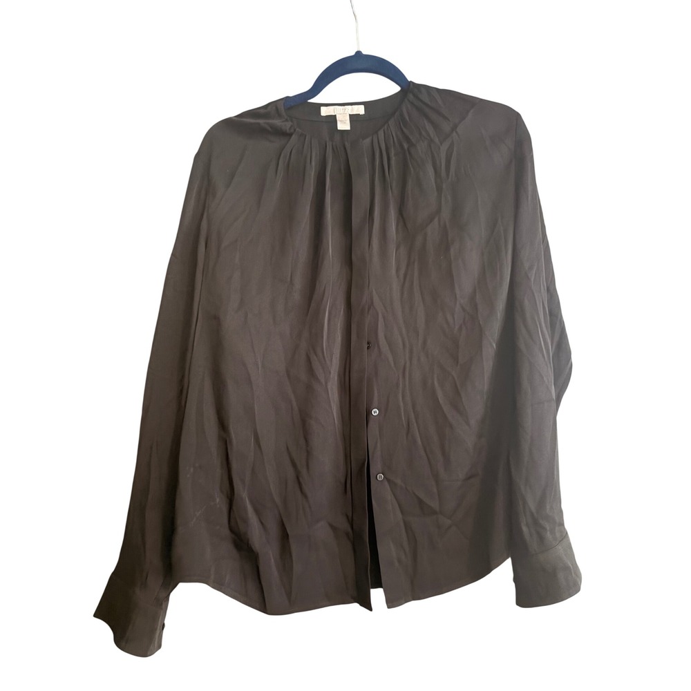 Boss Black Pleated Round Neck Long Sleeve Button Front Blouse Top Womens